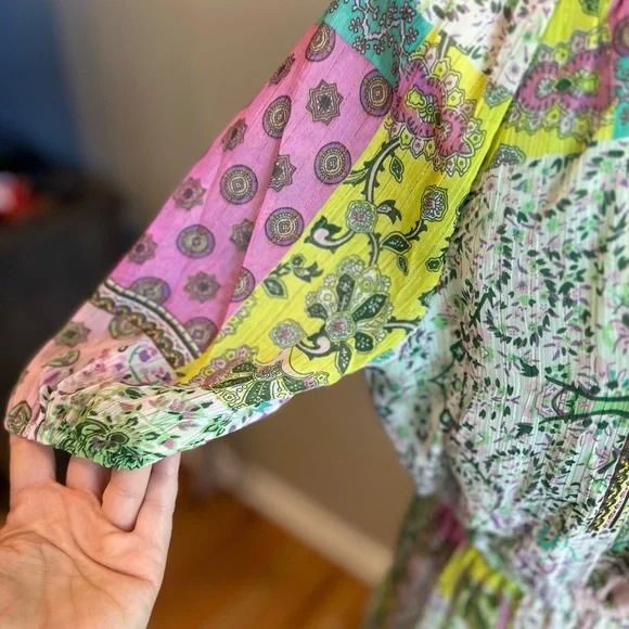 UMGEE Boho Mixed Print Patchwork 3/4 sleeve Dress, Pink, Green, Lavender Small - Picture 3 of 10